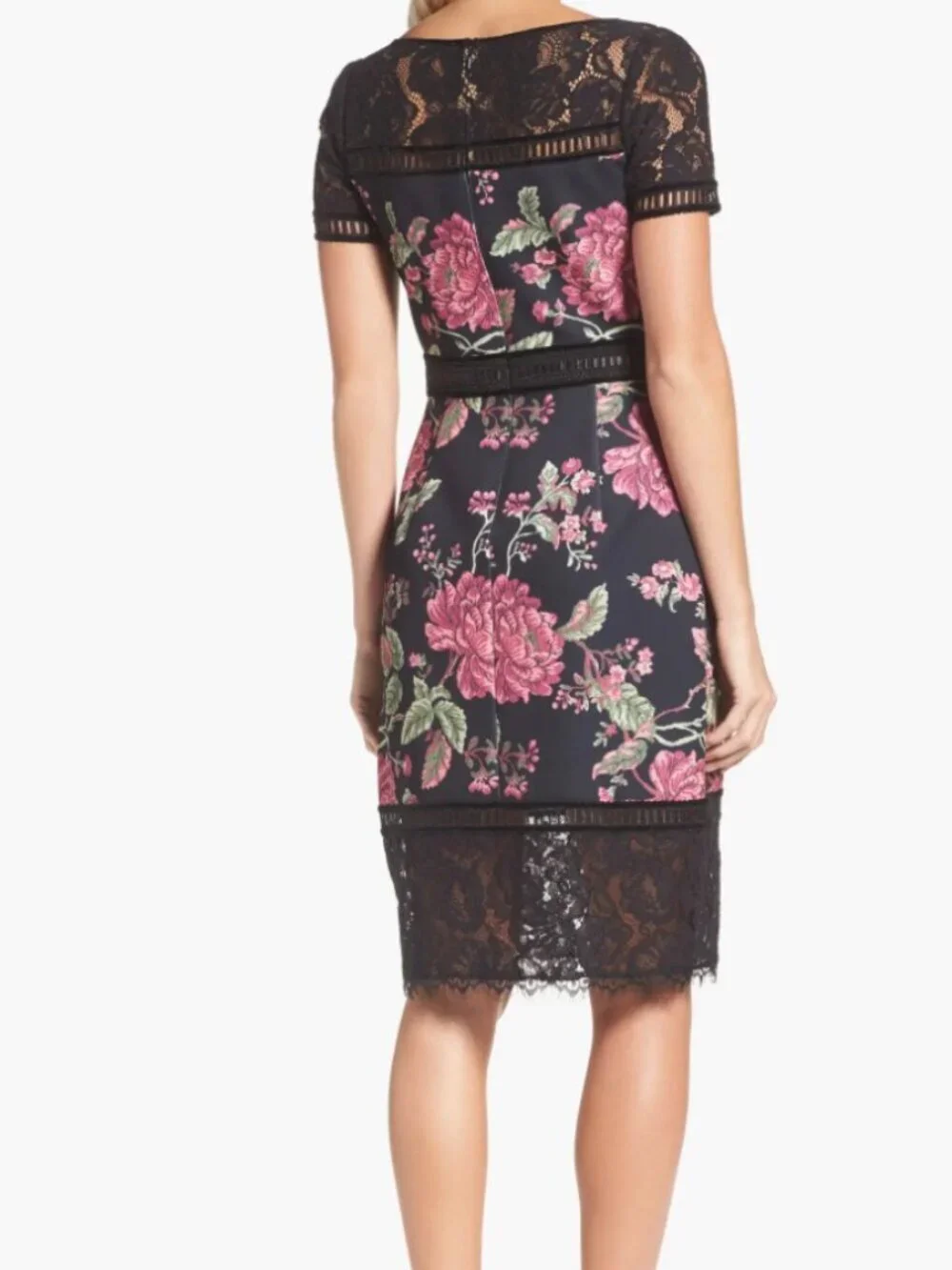 Tadashi Shoji Helena Black Floral Neoprene & Lace Sheath Dress Sz 10 - Picture 3 of 16